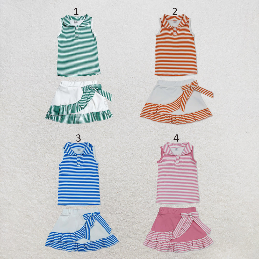 RTS NO MOQ Sibling yoga fabric Baby Girls Cute Stripe Button Vest Ruffle Short Skirt Yoga Active Set