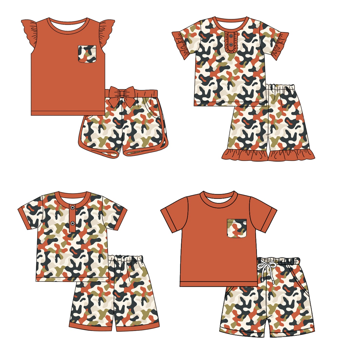 12.18 custom each style moq 5eta 4-6week Sibling Sister camouflage baby boy short sleeve shorts fish sets 1 and easter sets 2 and set 3 match design