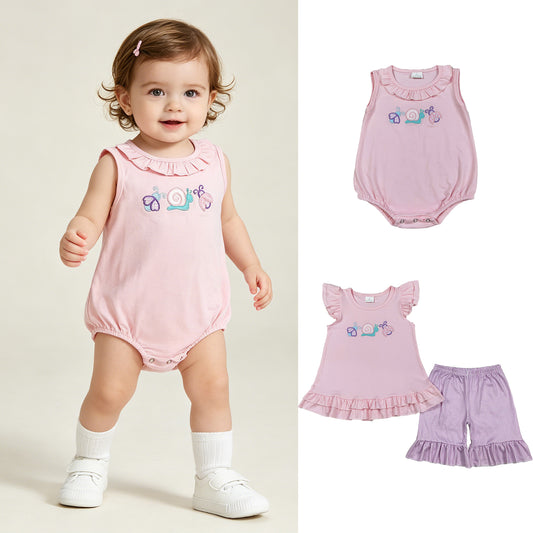 RTS NO MOQ Sibling Baby Girls Embroidery Ladybirds Snails Girls Tunic Shorts Set Sleeveless Ruffle Rompers