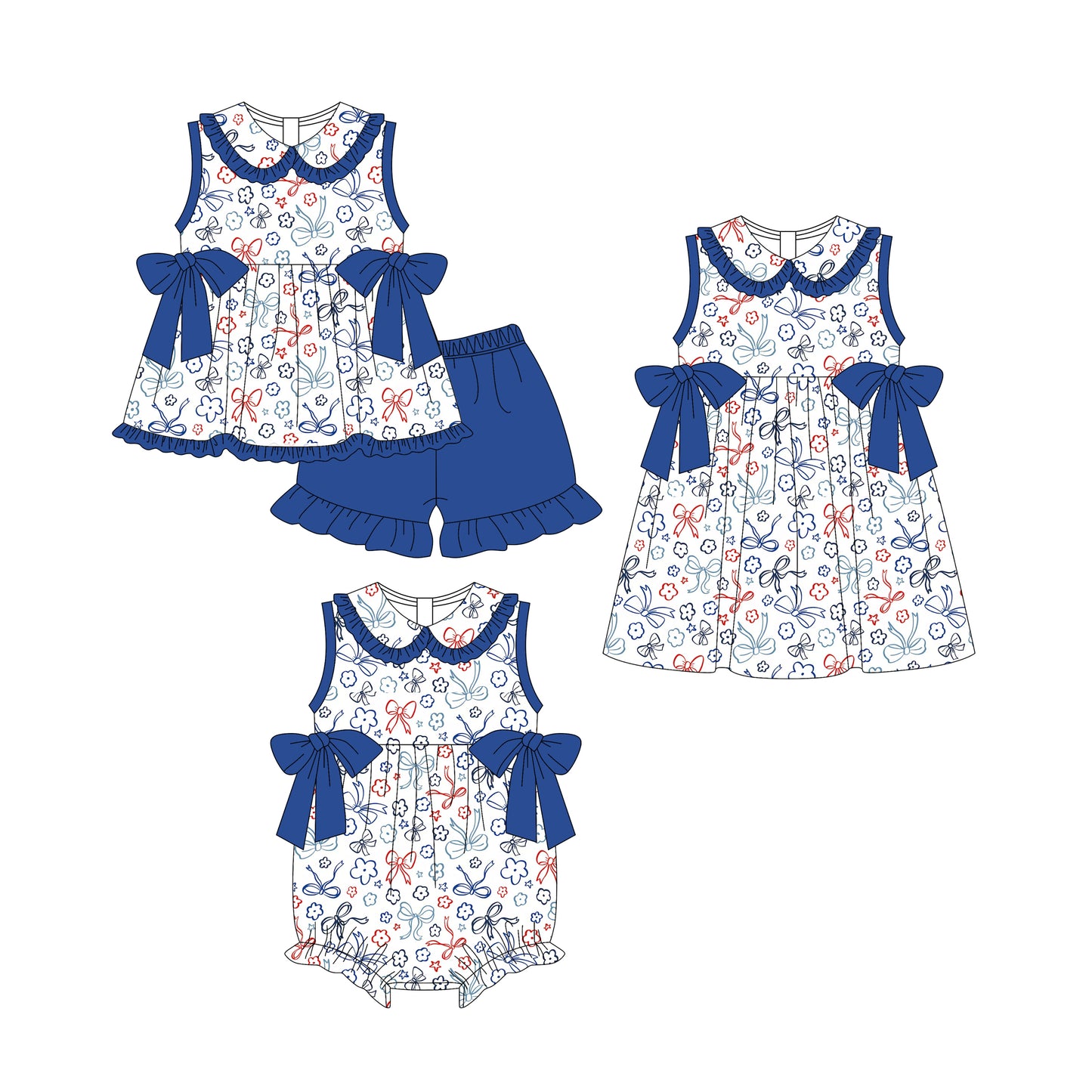 25.11.3 custom each style moq 5 eta 6-8week Sibling Sister floral bow baby short sleeve shorts sets and romper and dress match design