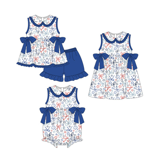 25.11.3 custom each style moq 5 eta 6-8week Sibling Sister floral bow baby short sleeve shorts sets and romper and dress match design