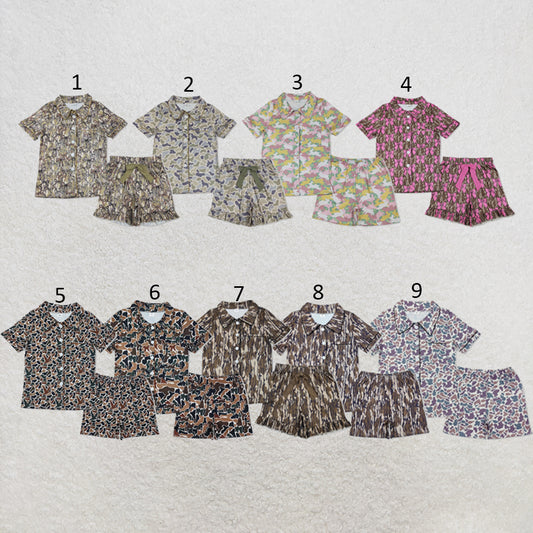 RTS NO MOQ Sibling milk silk Adult Women Camouflage Print Button Front Top Shorts Two Piece Pajama Clothes Set