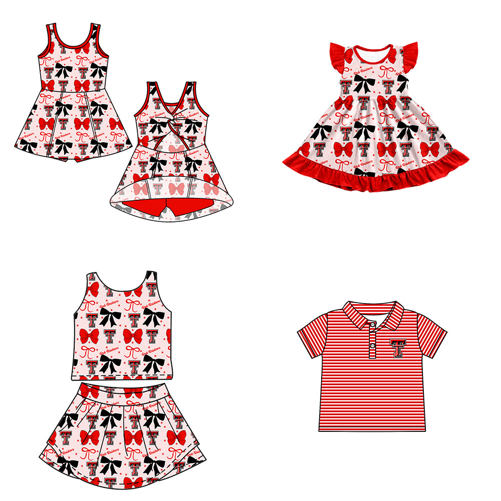 Custom moq 5 mix size milk silk summer teams baby girls clothes team bow red sleeveless skirts sets and dress 1 and dress 2 and top-25.6.23