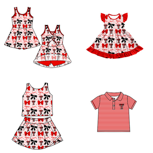 Custom moq 5 mix size milk silk summer teams baby girls clothes team bow red sleeveless skirts sets and dress 1 and dress 2 and top-25.6.23
