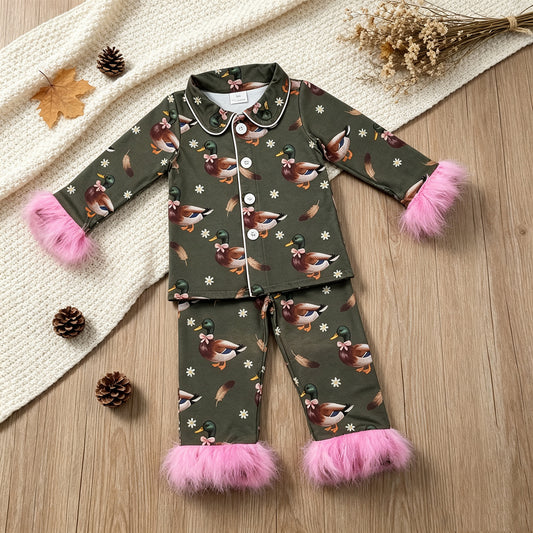 NEW RTS NO MOQ milk silk GLP3629 Baby Girls Flowers Ducks Button Top Pant Fur Sleeves Pant Pajamas Set