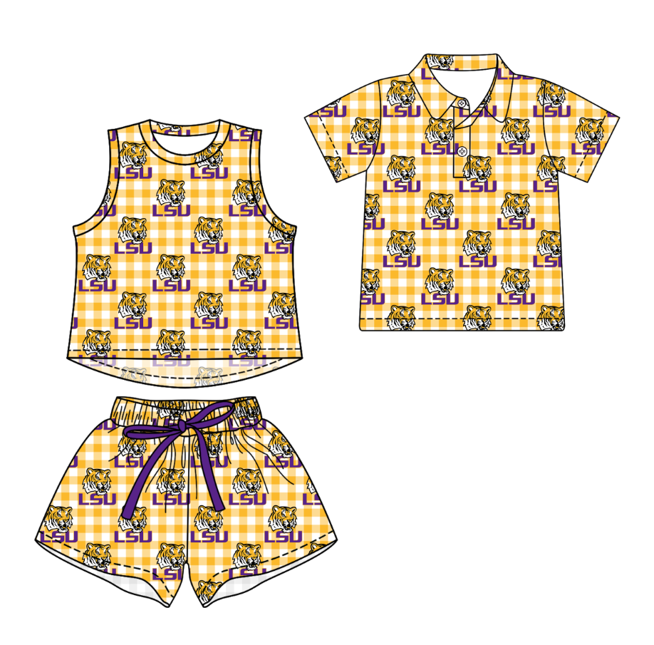 Custom moq 5 mix size milk silk summer teams Yellow Checked Girls Sleeveless Top And Short Sets Boys Short Sleeve Checked Button Polo Shirt Top
