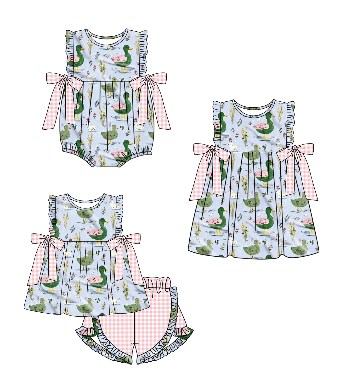 26.1.21 custom each style moq 5 eta 6-8week Sibling Sister duck baby short sleeve shorts sets and romper and dress match design