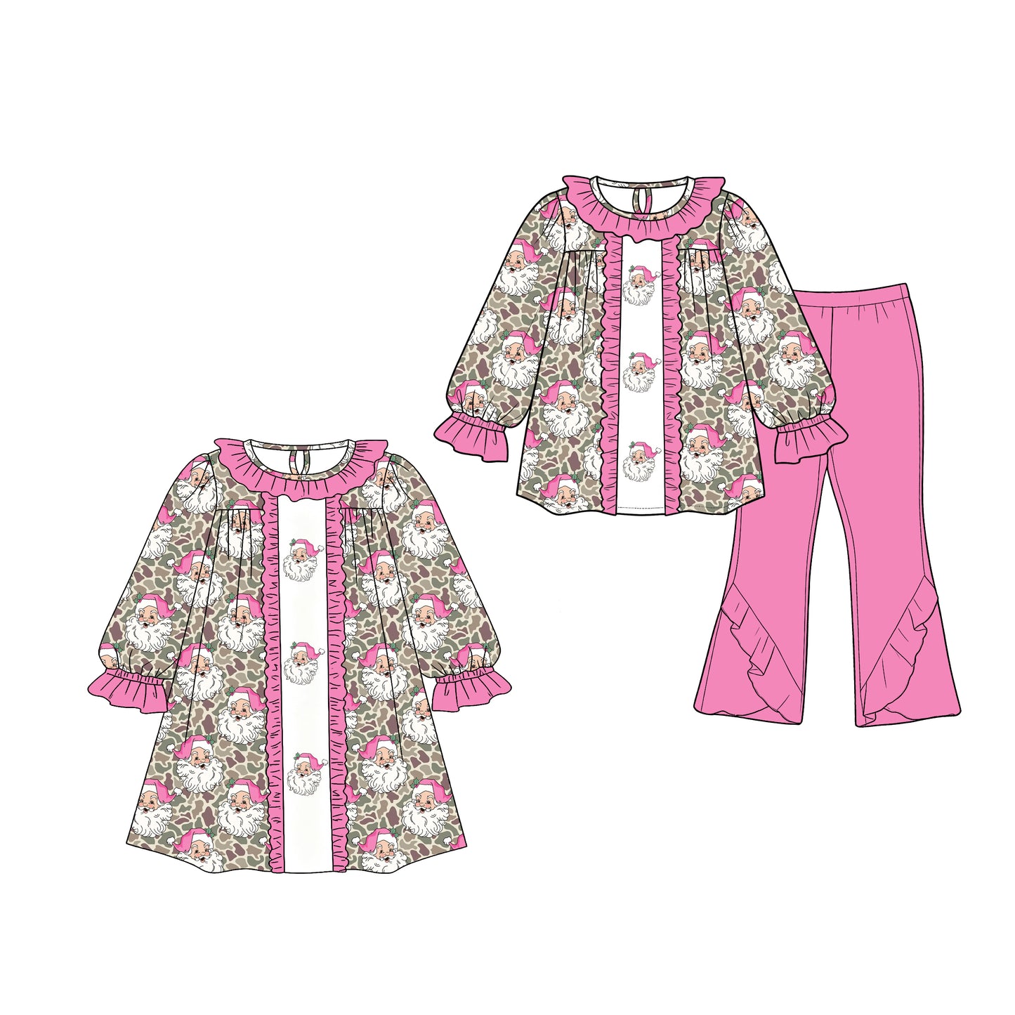 (Preorder new) No moq Baby Girls Khaki Camo Santa Tunic Bell Bottom Pant Christmas Clothes Set Fall Winter Outfit Dress