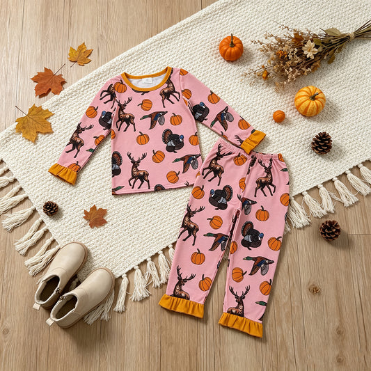NEW RTS NO MOQ milk silk GLP3655 Baby Girls Pumpkins Deer Dogs Top Ruffle Pant Thanksgivings Pajamas Set Fall Outfit