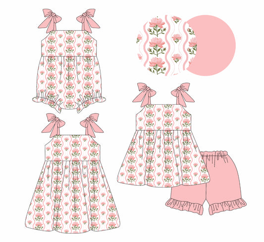 2.28 Custom moq 5 mix size Sibling Baby Girl's Pink Floral print Sleeveless Top And Shorts Set Cute Romper Dress for Summer