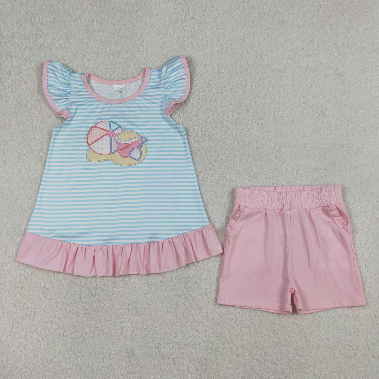 RTS NO MOQ GSSO3109 Baby Girls Blue Stripe Tunic And Shorts Set with Pockets Embroidery for Little Girls