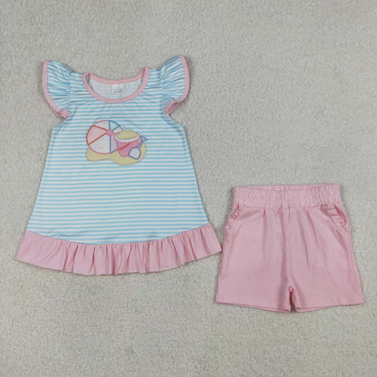 RTS NO MOQ GSSO3109 Baby Girls Blue Stripe Tunic And Shorts Set with Pockets Embroidery for Little Girls