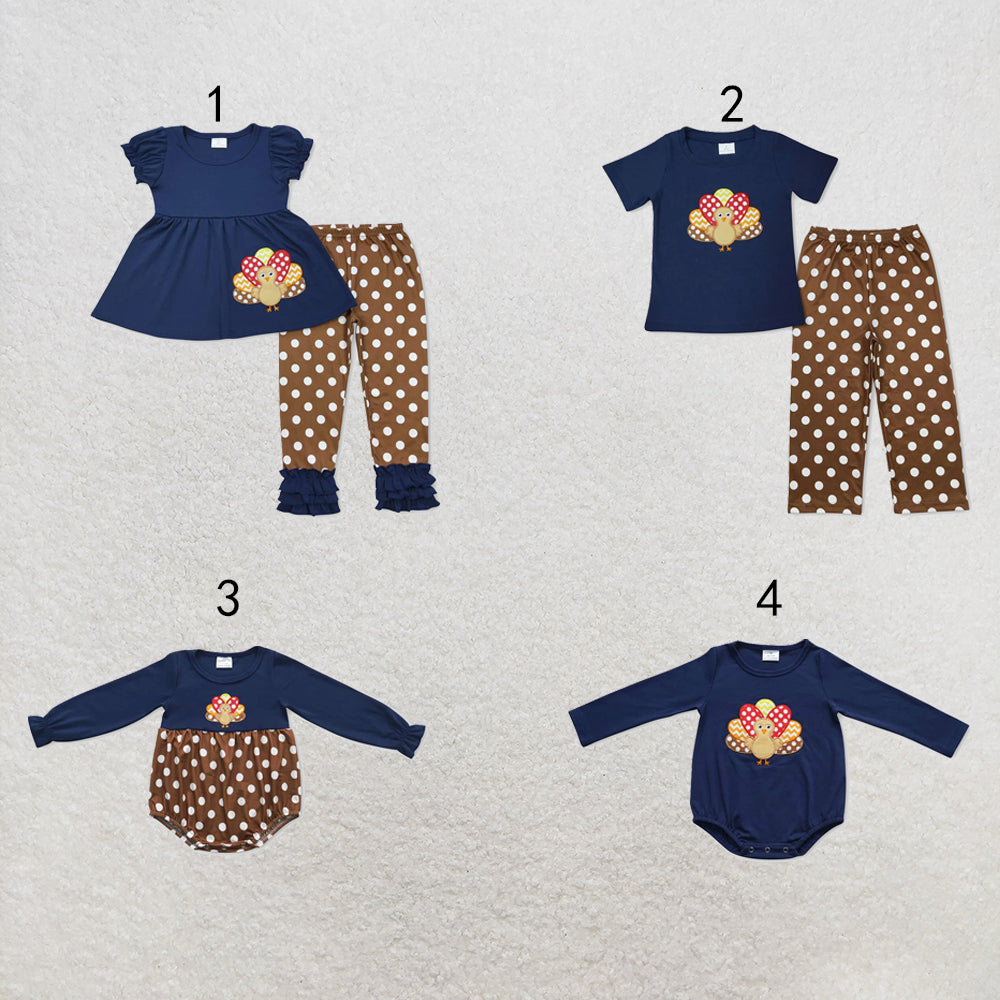 RTS NO MOQ Sibling milk silk Embroidery Baby Girls And Boys Thanksgiving Turkey Short Sleeve Top Pants Casual Sets Rompers Long Sleeve Rompers