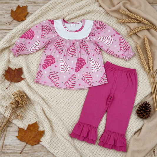 NEW RTS NO MOQ milk silk GLP2502 Baby Girls Cute Pink Long Sleeves Stripe Trees Tunic Ruffle Pants Christmas Set