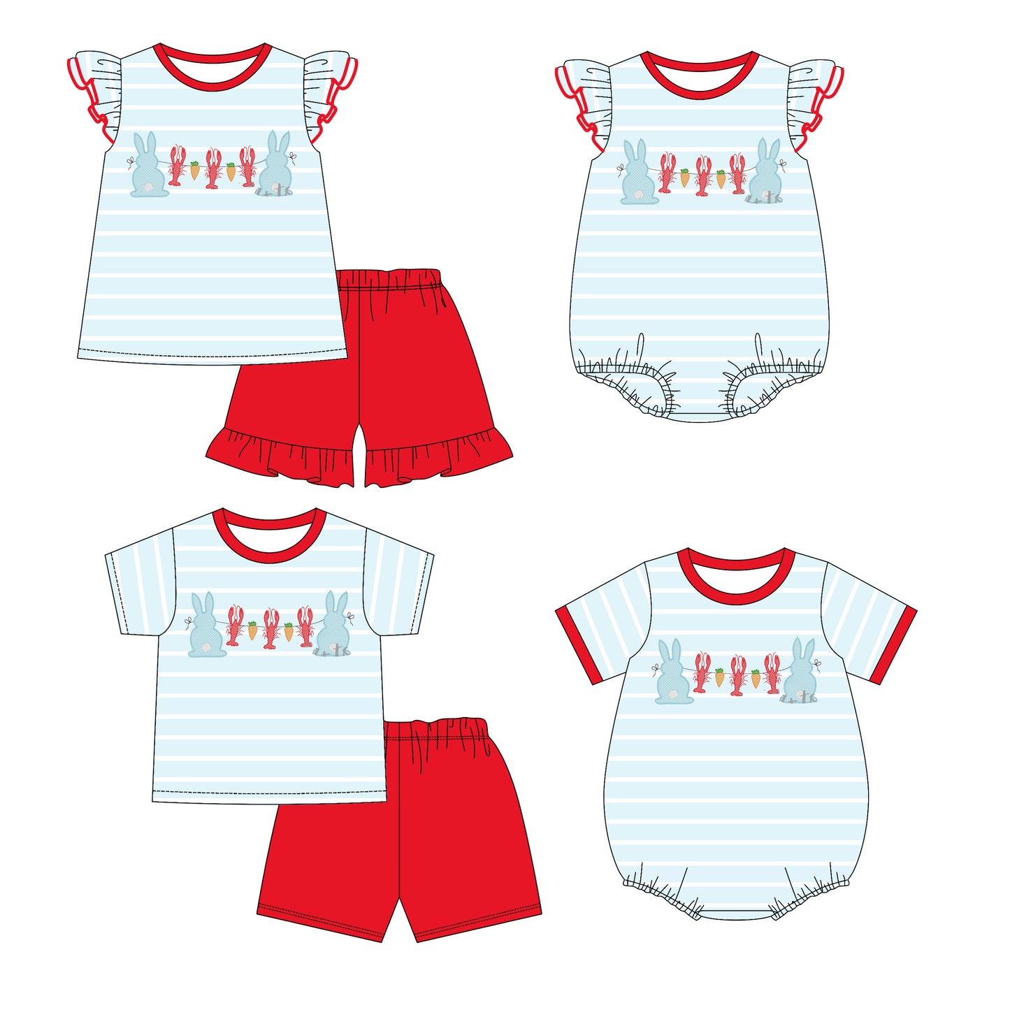 25.11.10 custom each style moq 5 eta 6-8week Sibling Sister lobster baby short sleeve shorts sets 2 and romper 2 match design