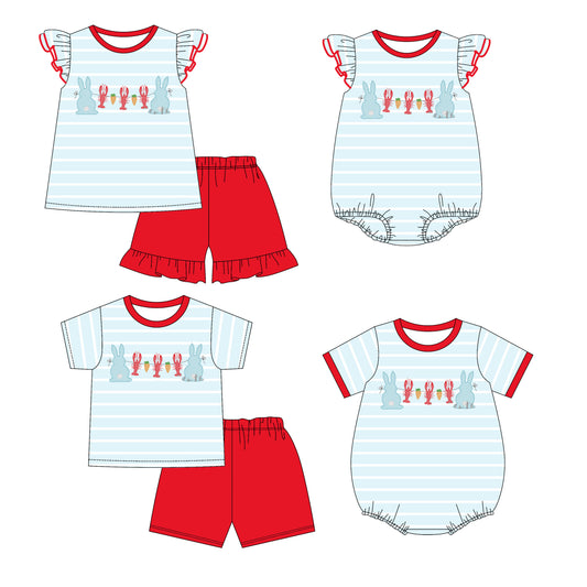 25.11.10 custom each style moq 5 eta 6-8week Sibling Sister lobster baby short sleeve shorts sets 2 and romper 2 match design
