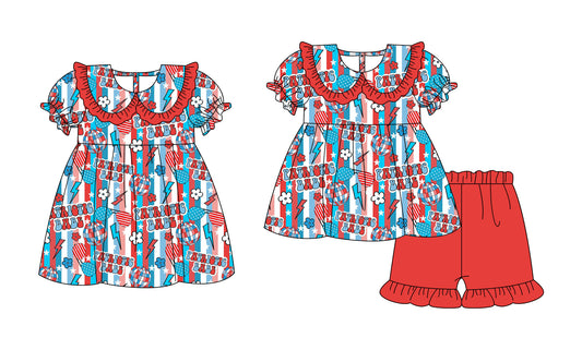 3.3 Custom moq 5 mix size Sibling Baby Girl's 4th of July Short-Sleeved Top And Shorts Set Cute Dress for Summer