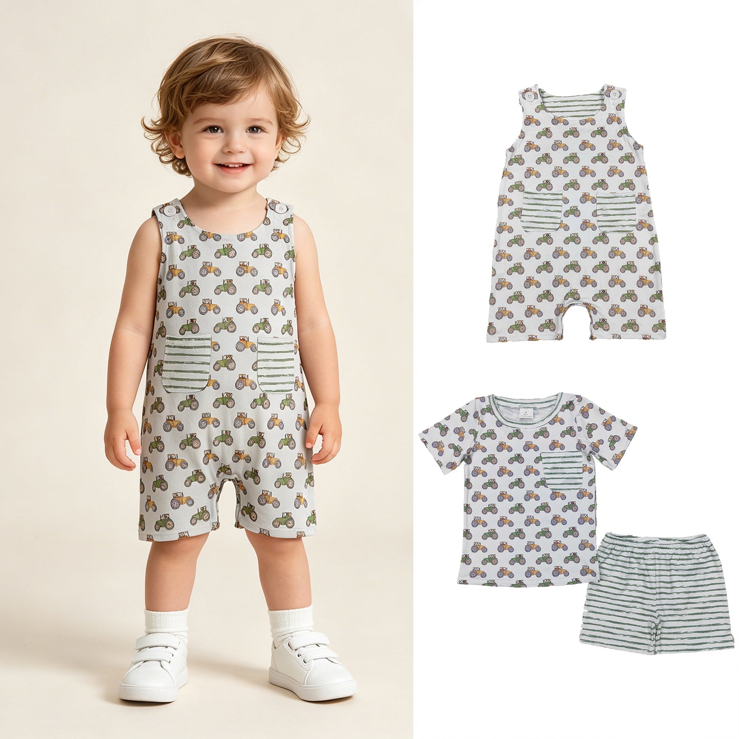 RTS NO MOQ milk silk Sibling Baby Boys Farm Trucks Pocket Top Casual Shorts Set Pocket Rompers