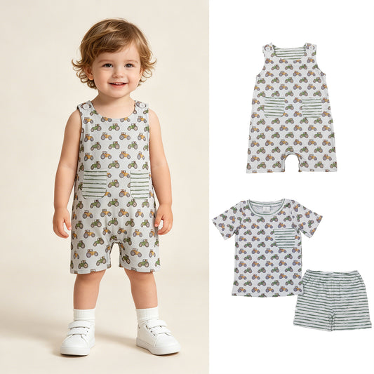 RTS NO MOQ milk silk Sibling Baby Boys Farm Trucks Pocket Top Casual Shorts Set Pocket Rompers