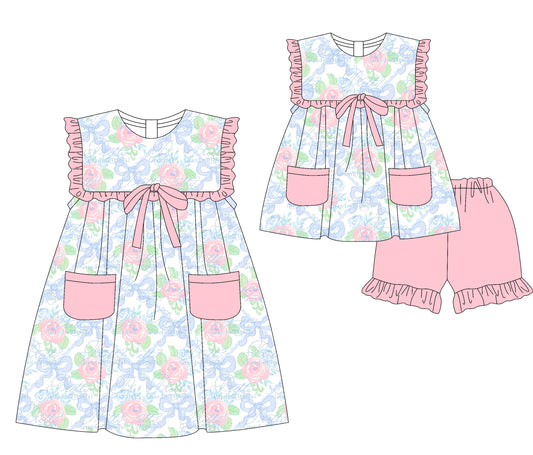 3.8 custom each style moq 5eta 4-6week Sibling Sister bow floral baby girl short sleeve shorts sets and dresses match design