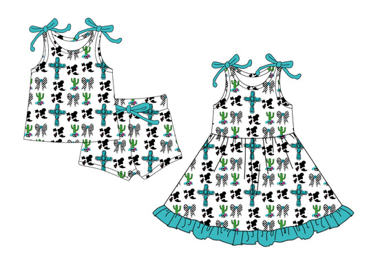 25.12.20 custom each style moq 5 eta 6-8week Sibling Sister bow catcus baby short sleeve shorts sets and dress match design