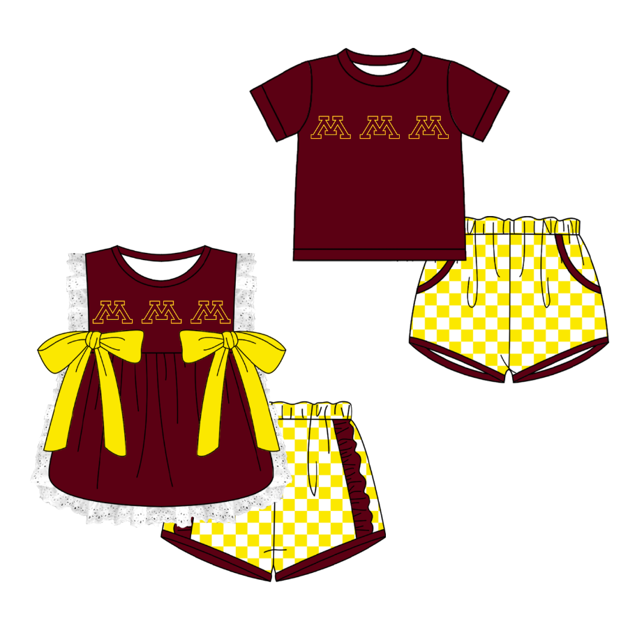 Custom moq 5 mix size milk silk summer teams Red  Girl Sleeveless Top And Plaid Shorts Set with Bow Boy Short Sleeved Top And Plaid Shorts Set