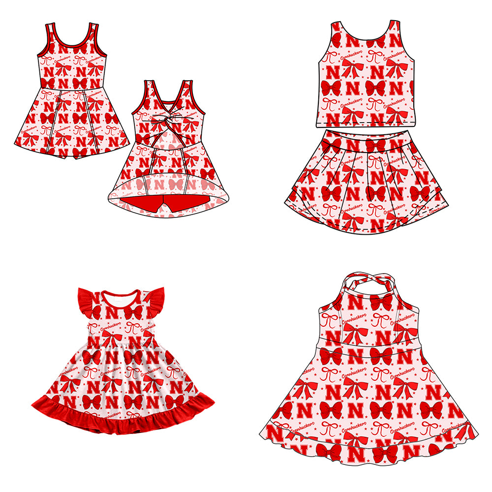 Custom moq 5 mix size milk silk summer teams baby girls clothes team bow red sleeveless skirts sets and dress 1 and dress 2 and dress 3-25.6.26