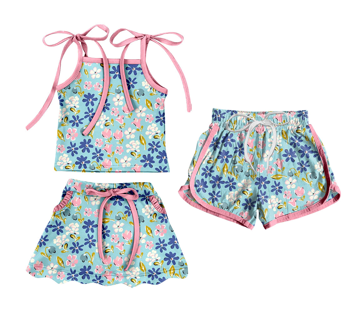 3.20 Custom moq 5 mix size Sibling Baby Girl's Flowers  Strap Top And Skirt Set with Matching Drawstring Shorts Outfit