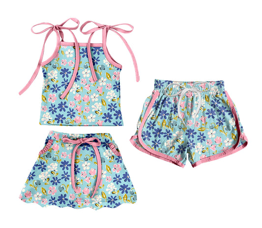 3.20 Custom moq 5 mix size Sibling Baby Girl's Flowers  Strap Top And Skirt Set with Matching Drawstring Shorts Outfit
