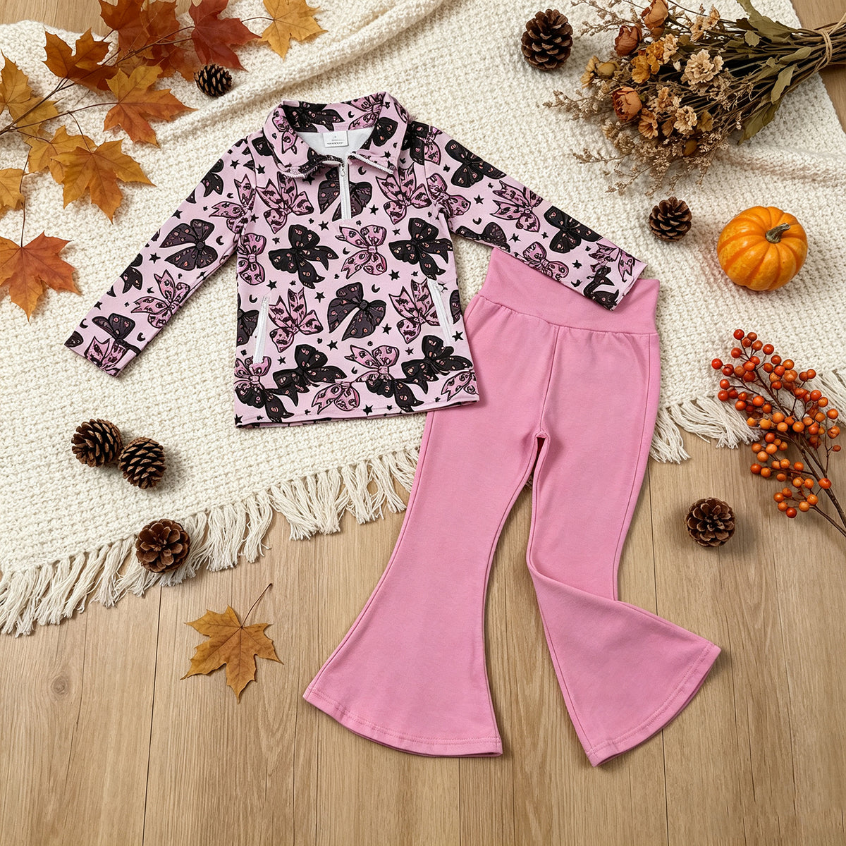 NEW RTS NO MOQ milk silk GLP3507 Baby Girls Bats Bows Zip Pockets Pullovers Flare Pant Halloween Set
