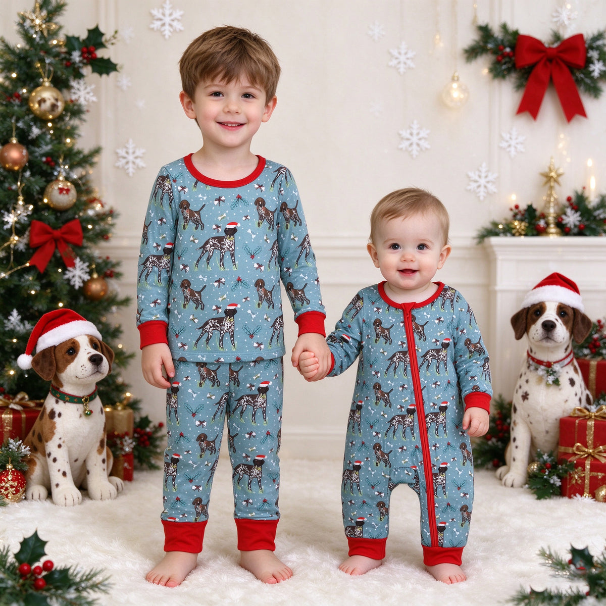 Baby Boys Christmas Dogs Collection - Pajama Set & Zipper Romper
