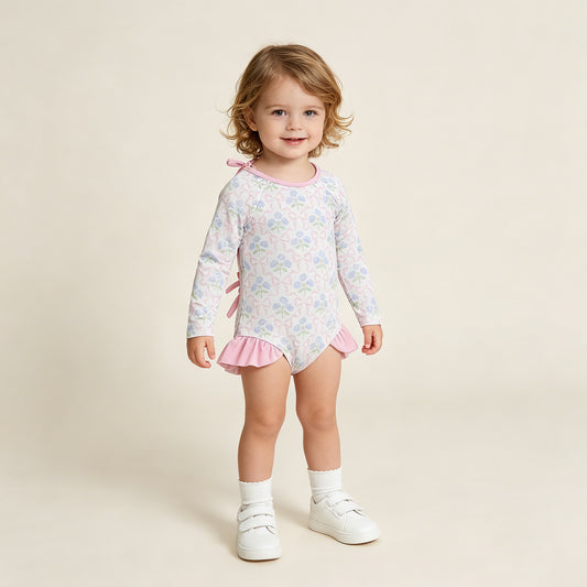 RTS NO MOQ milk silk S0655 Baby Girls Summer Flower Bows Checked Bummies One Piece Swimsuits
