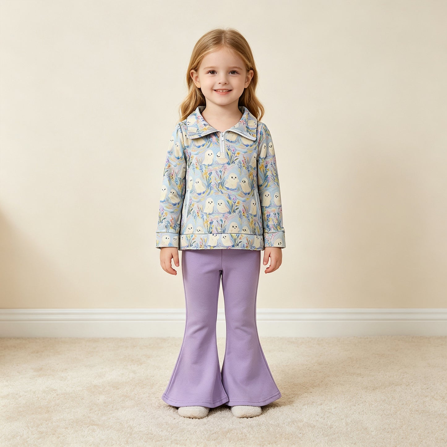 NEW RTS NO MOQ milk silk GLP3506 Baby Girls Ghosts Zip Pockets Pullovers Purple Flare Pant Halloween Clothes Set