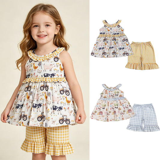 RTS NO MOQ Sibling Baby Girls Pigs Cows Farm Tunic Ruffle Checked Shorts Two Piece Set