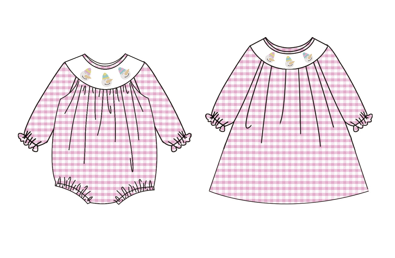 25.6.4 custom each style moq 5eta 4-6week Sibling Sisters snowman purple baby girl long sleeve dress and rompers match family design