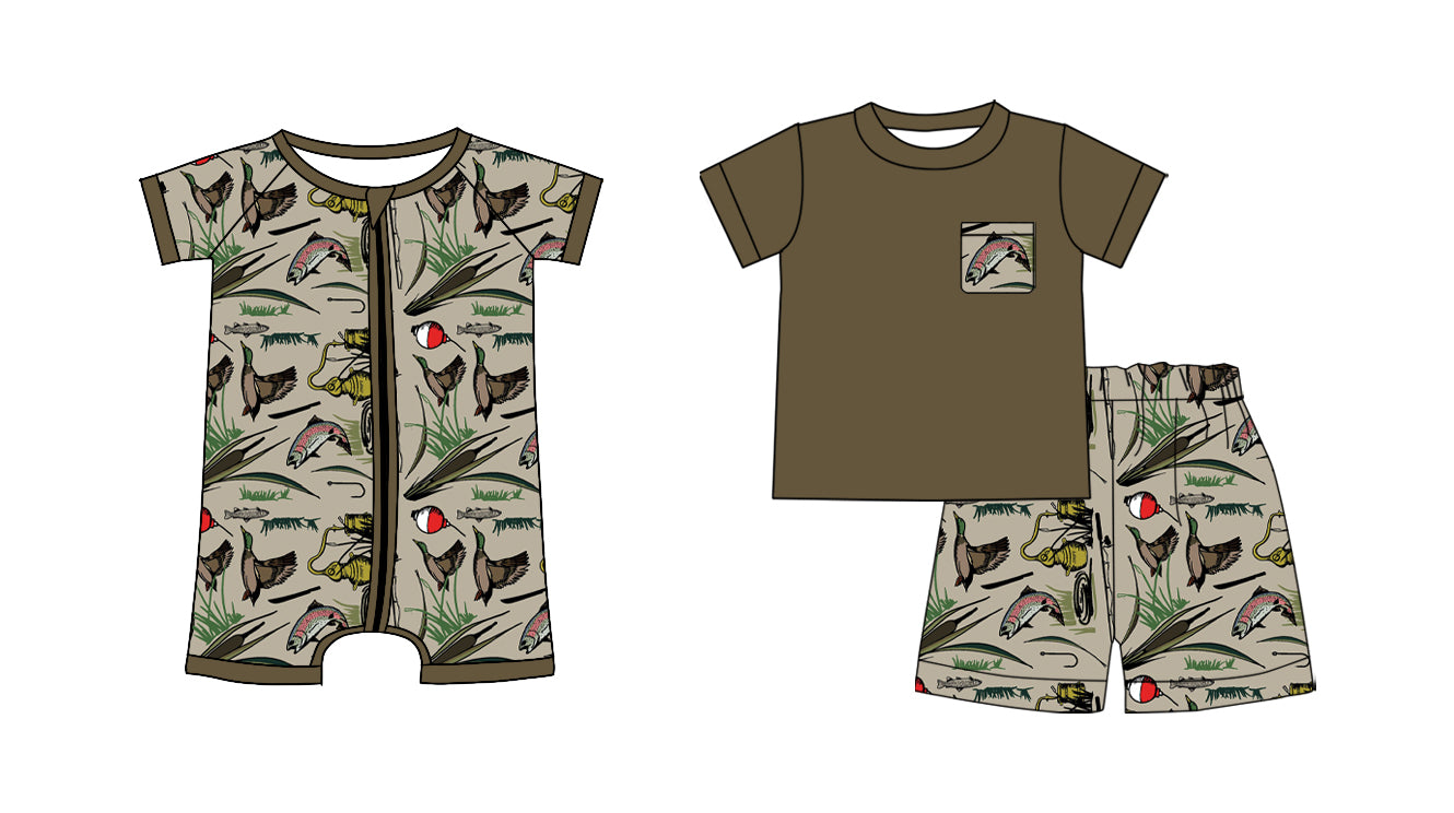 Custom moq 5 mix size Sibling Dark brown Baby Boys Short Sleeved Zippered Romper Short-Sleeved Top And Shorts Set for Infants