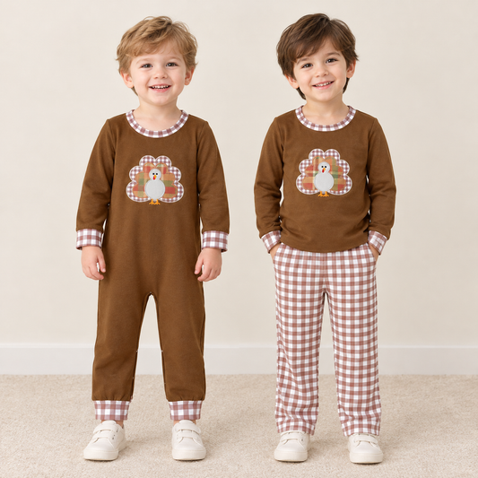 RTS NO MOQ Sibling milk silk Embroidered Baby Boys Thanksgiving Turkey Brown Long Sleeve Top And Plaid Pants Set Romper