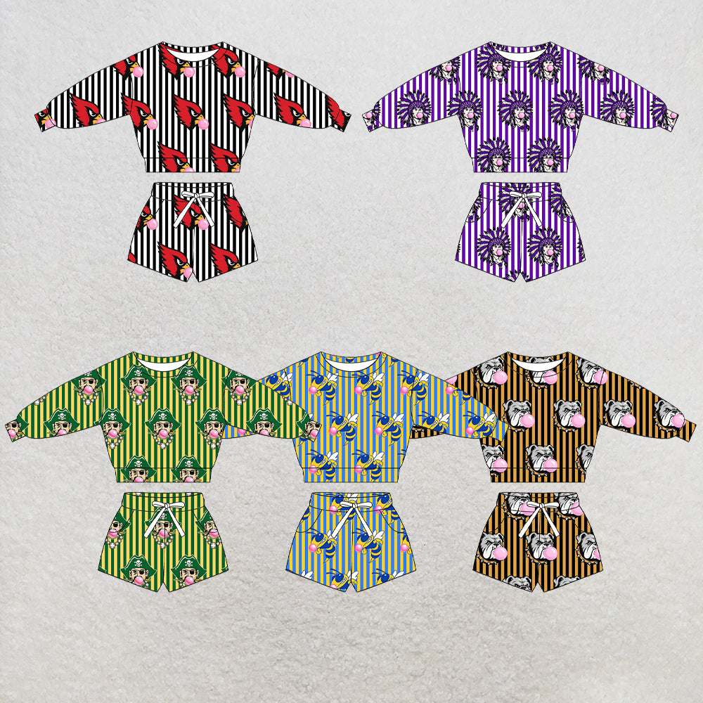 custom moq 5 mix size XY071707 Baby Kids Stripe Long Sleeve Top Drawstring Shorts Clothes Set