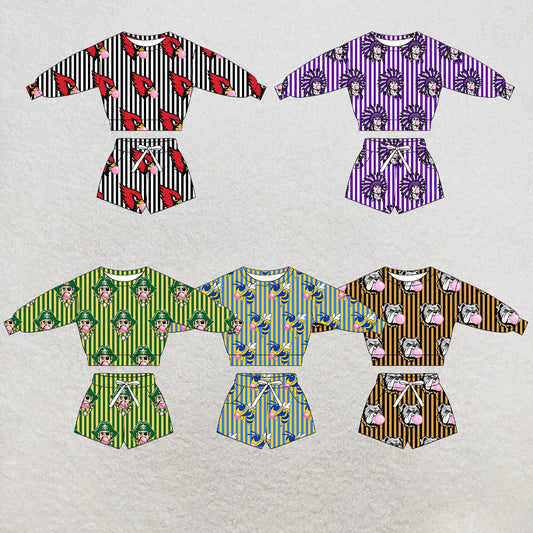 custom moq 5 mix size XY071707 Baby Kids Stripe Long Sleeve Top Drawstring Shorts Clothes Set