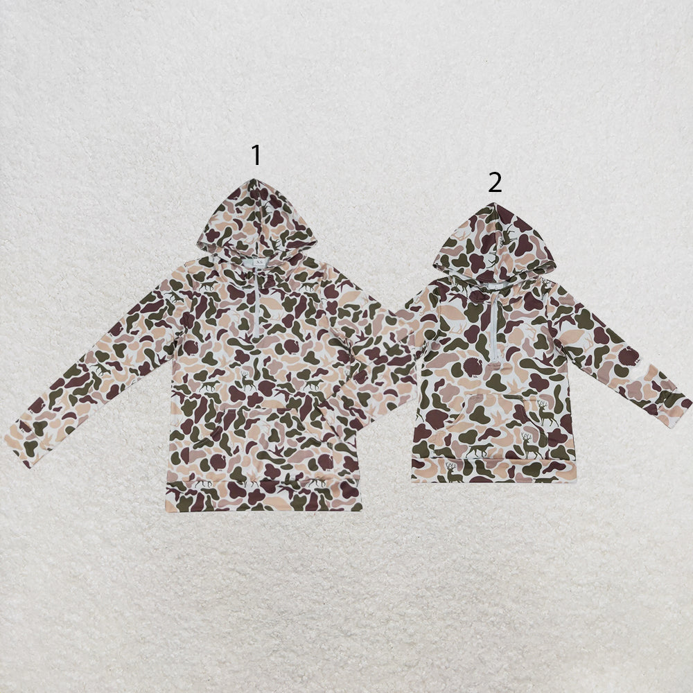 RTS NO MOQ milk silk Sibling Adult To Match Kids Long Sleeve Deer Ducks Dogs Camo Print Zip Pocket Hoodies Tops Casual Fall Winter Tops
