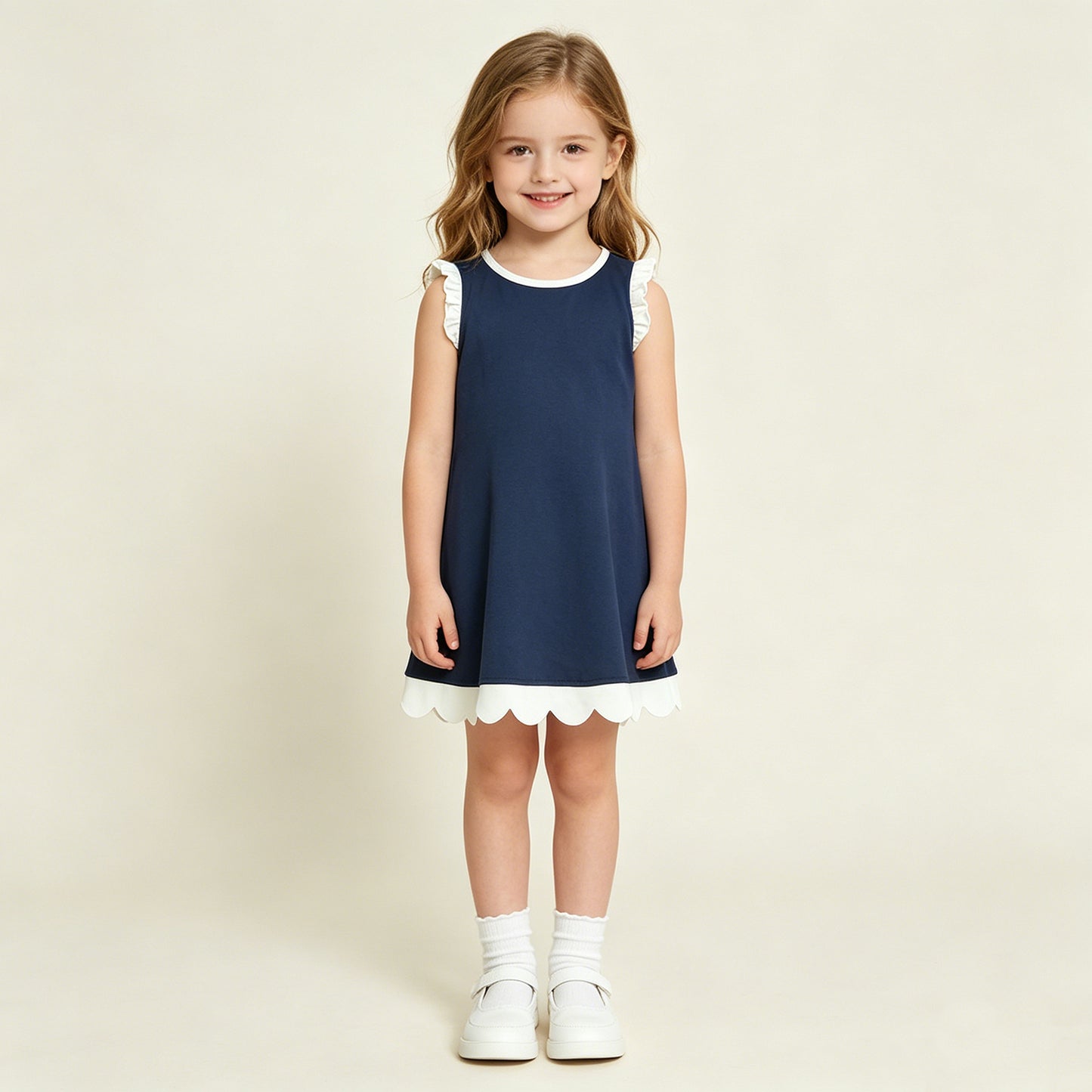 RTS NO MOQ cotton GSD4056 Baby Girls Navy White Sleeveless Scallop Knee Length Dress