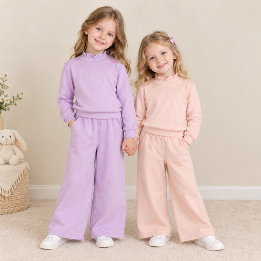 RTS NO MOQ Sibling cotton Baby Girls Solid Color Mock Neck Long Sleeve Top and Elastic Waist Wide Leg Pants Set