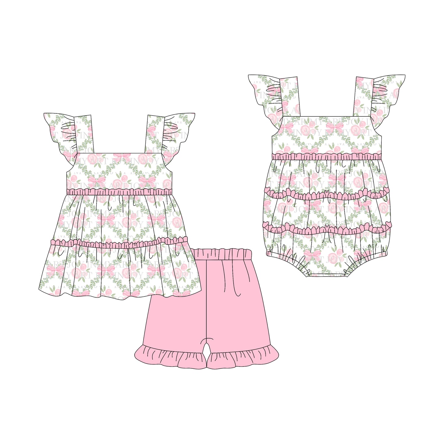 3.7 custom each style moq 5eta 4-6week Sibling Sister floral baby girl short sleeve shorts sets and romper match design