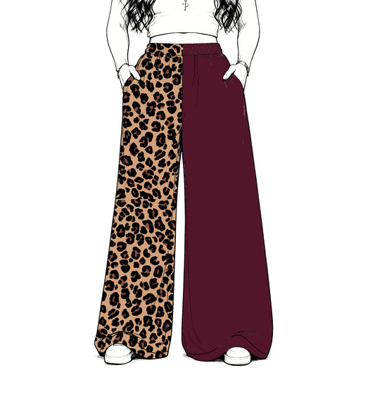 custom moq 5 mix size Baby Kids Burgundy Leopard Patchwork Print Team Flare Pants Casual Bottom