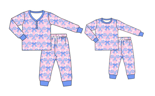 25.5.12 custom each style moq 5eta 4-6week Sibling Sister Christmas bow long sleeve pants sets and adult sets match design