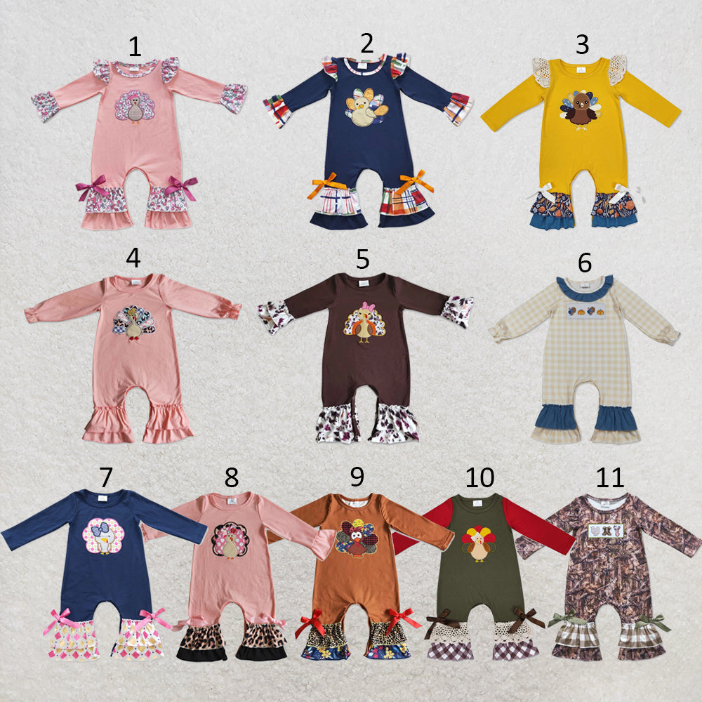 RTS NO MOQ Sibling milk silk Baby Girls Thanksgiving Turkey Print Ruffle Trim One Piece Rompers