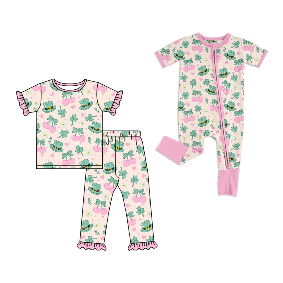 (Preorder new) No moq Baby Girls Pink Print Ruffle Short Sleeve Pajama Set Zipper Short Sleeve Romper