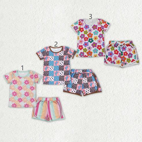 RTS NO MOQ Sibling Baby Girls Short Sleeve Pajamas Set Colorful Flowers Cactus Top with Shorts