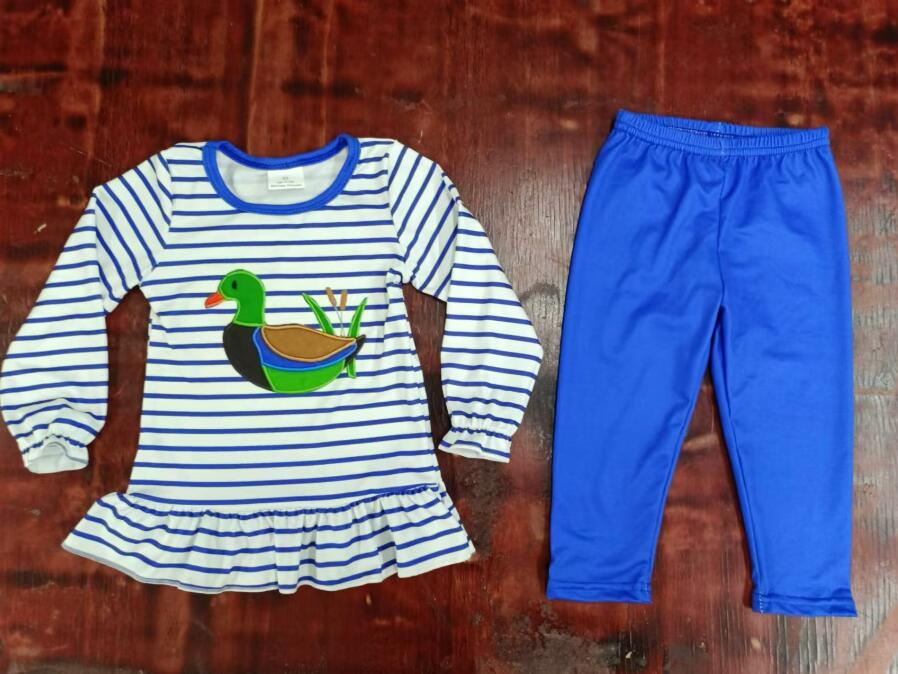 Custom moq 3 eta 6-7weeks Long Sleeve Blue Striped Duck Top - Blue Pants Set