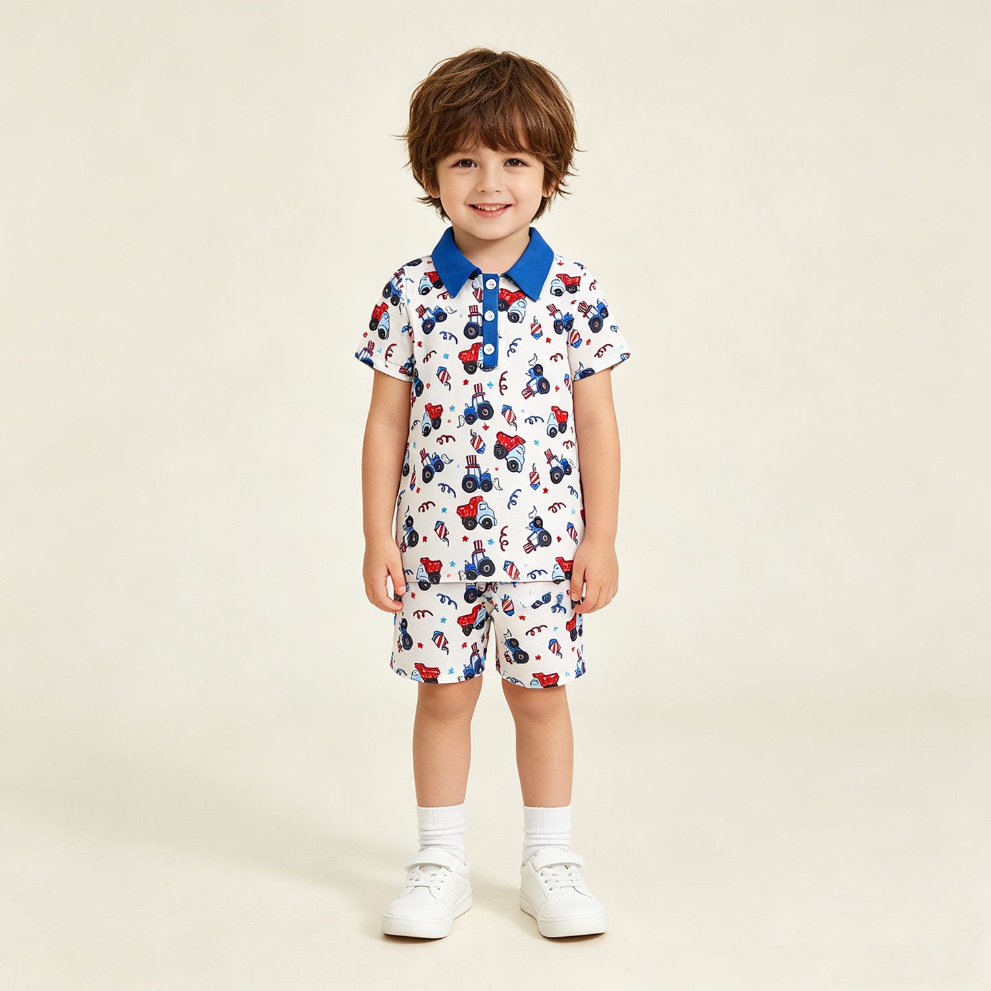 RTS NO MOQ BT1163 milk silk Baby Boys 4th of July Construction Button Polo Shirts Top